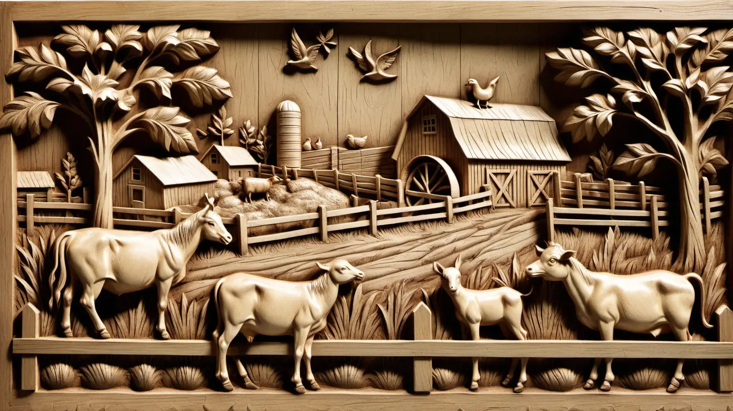 Farm Scene BasRelief with Rail Fence and Animals