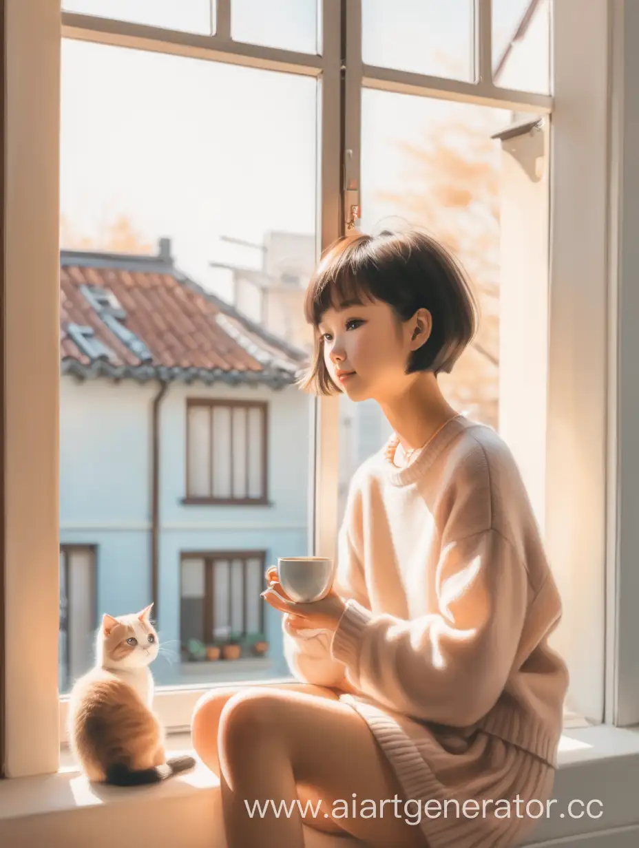 азиатка  с короткими волосами сидит у окна с кофе, комната очень солнечная, пастельные оттенки, рядом котик. 