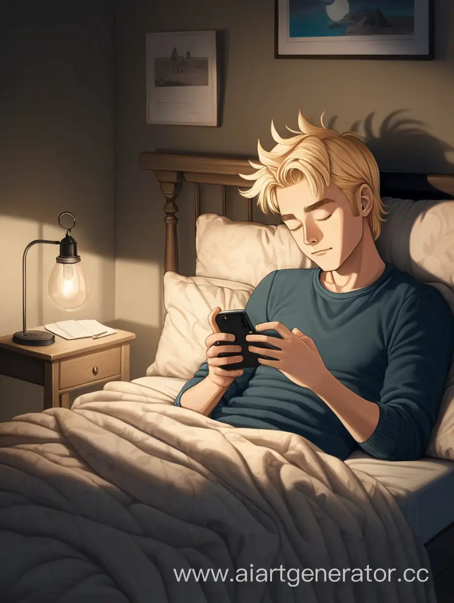Блондин Парень лежит в своём уютном кровати в комнате свет включен и тёмном комнате  он смотрит  телефон 
