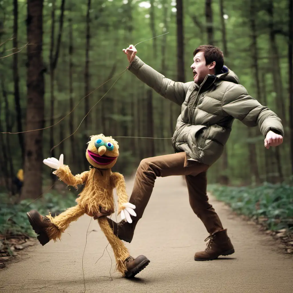 Guy in hiking boots, kicking a puppet