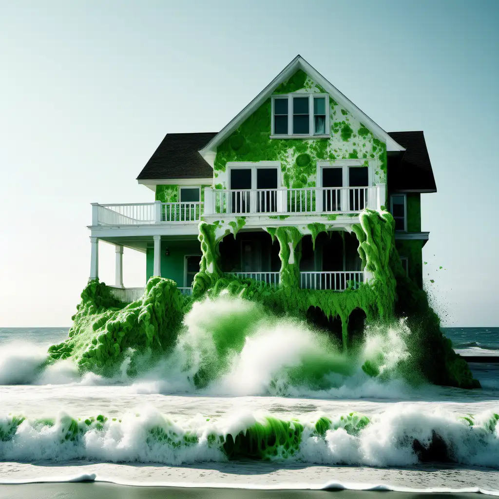 Erstelle mir ein Bild von einem Strandhaus, wo die Wellen dran schlagen und von Algen bedeckt ist