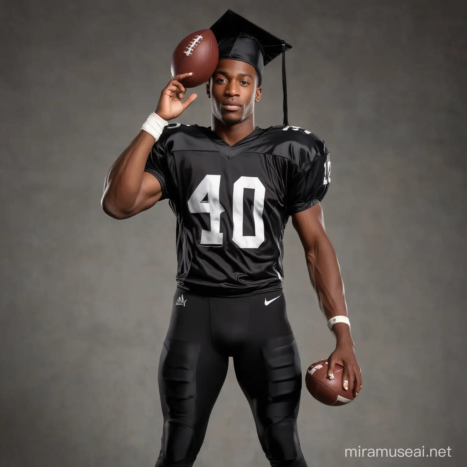 Create an image of a muscular, african american football player in a black football jersey. He has a black graduation cap on his head. He is holding a football in a hand.