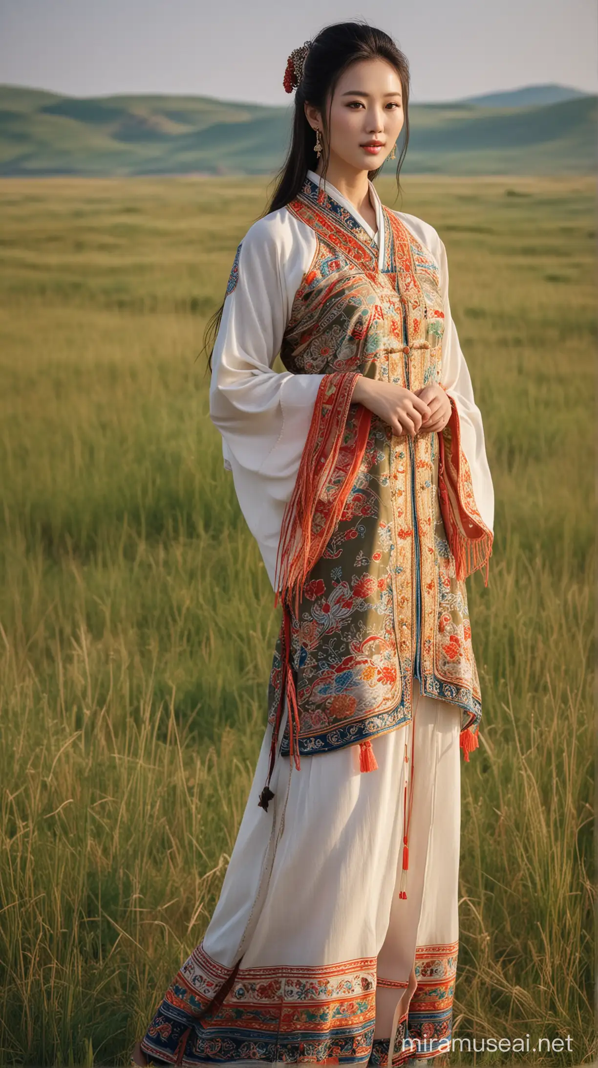 一位穿着民族服装身材高挑丰满的中国美女在美丽的内蒙古草原