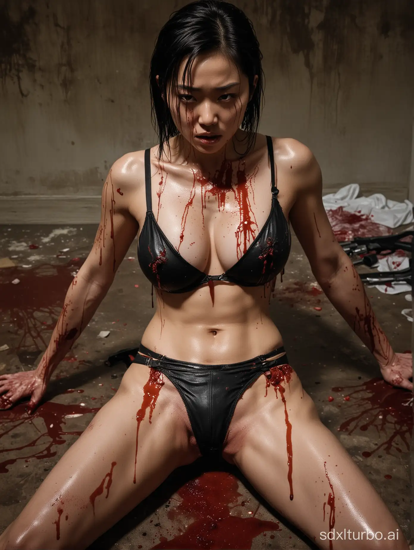 A surreal, gory, erotic scene with a dark, room filled with blood. In the corner, a strong Chinese female antagonist with coffee skin and muscular body dead on the ground, wearing a sexy black broken bra, splitting blood. She has been shot twice in the left breast and once in the center of the right breast. Her face, breasts, and muscles are covered in blood. Despite her severe injuries, she bravely (holds a gun and tries to shoot forward:1.3),