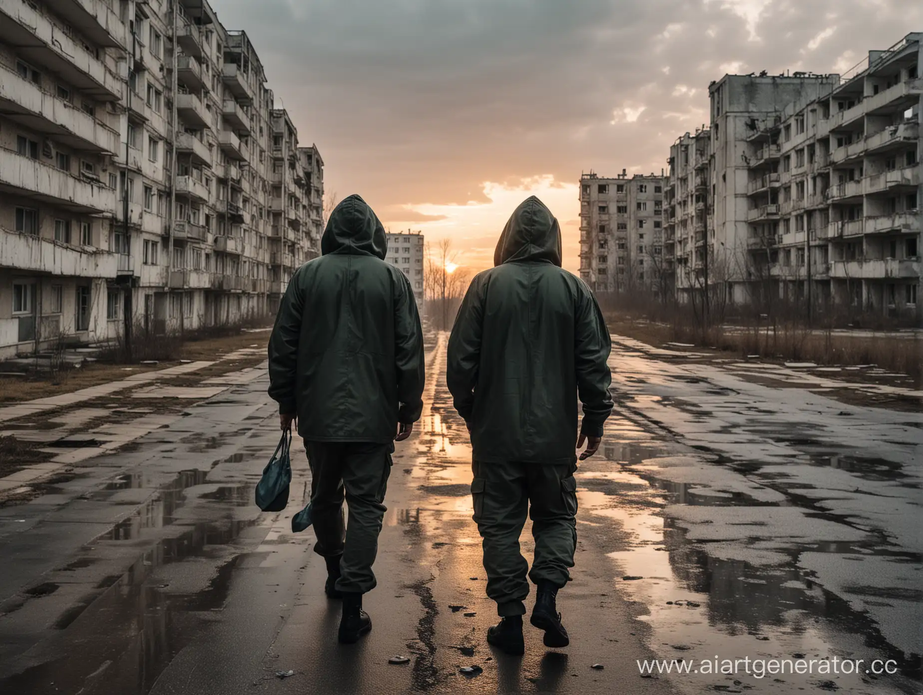 Два военных сталкера в капюшонах идут по улице среди многоквартирных домов города Припять навстречу закату. Дождливая погода.