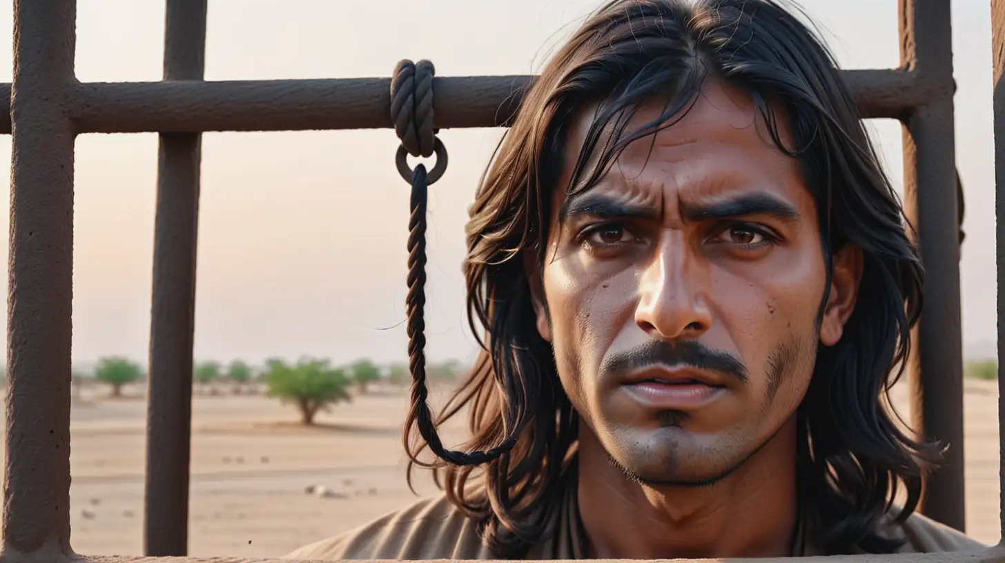 cinematic, gritty, a Baloch man with long hair is looking at the gallows with defiance, close up shot