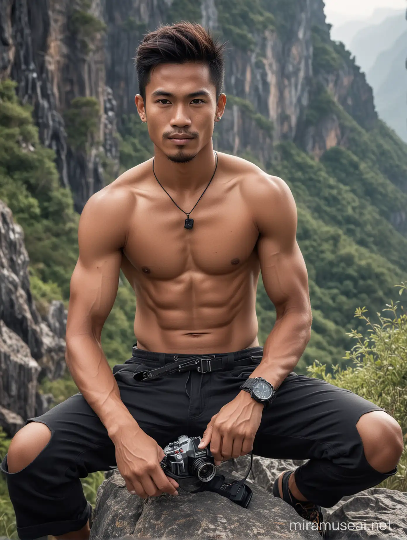25 year old Indonesian man with abs and hairy body in adventure shirtless clothes, black trousers and watch and holding a camera, sitting on a cliff with a beautiful view, face facing forward, faint smile, realistic photo.