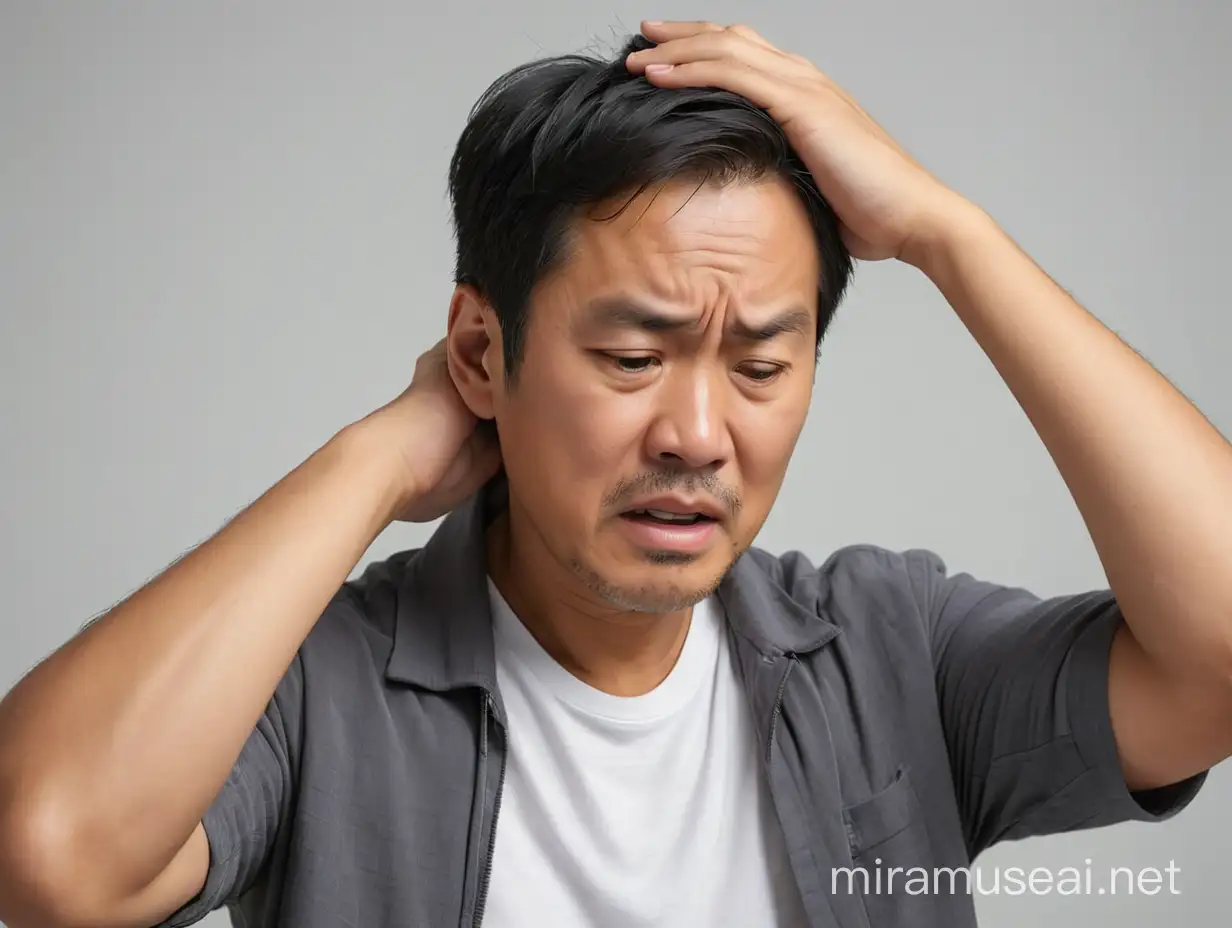 Asian Man with Headache Holding His Head in Discomfort
