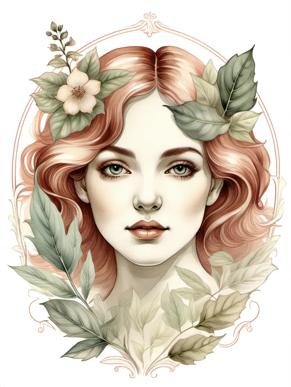 Create a woman face with inspired by vintage botanical illustrations, featuring with crisp details on a solid white background, reminiscent of the delicate lines and colors seen in the Birth Month Color Chart. Digital watercolor style, subtle color gradients, ink outlines, botanical precision, Victorian influence, soft shadows, organic composition, HD clarity 