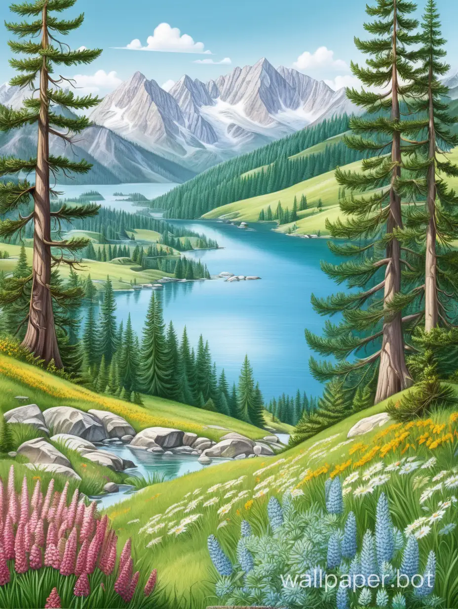 Альпийские луга с цветами, кустиками и можжевельником,хвойными и лиственными деревьями .Озеро между горами.