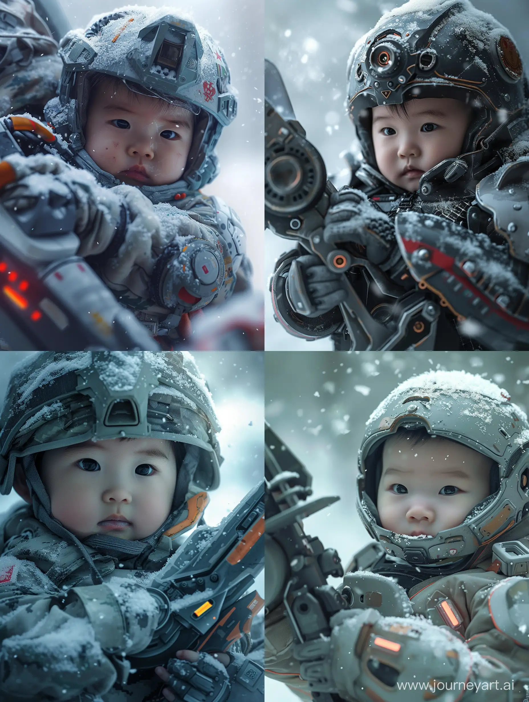 A 1-year-old baby dressed in a Chinese special forces uniform, holding a futuristic weapon with a helmet resembling a mech suit. The close-up shot captures the baby's face in the snowy weather, creating a stunning and picturesque scene. Enhance the image with 8k HDR best quality to amplify its beauty. 