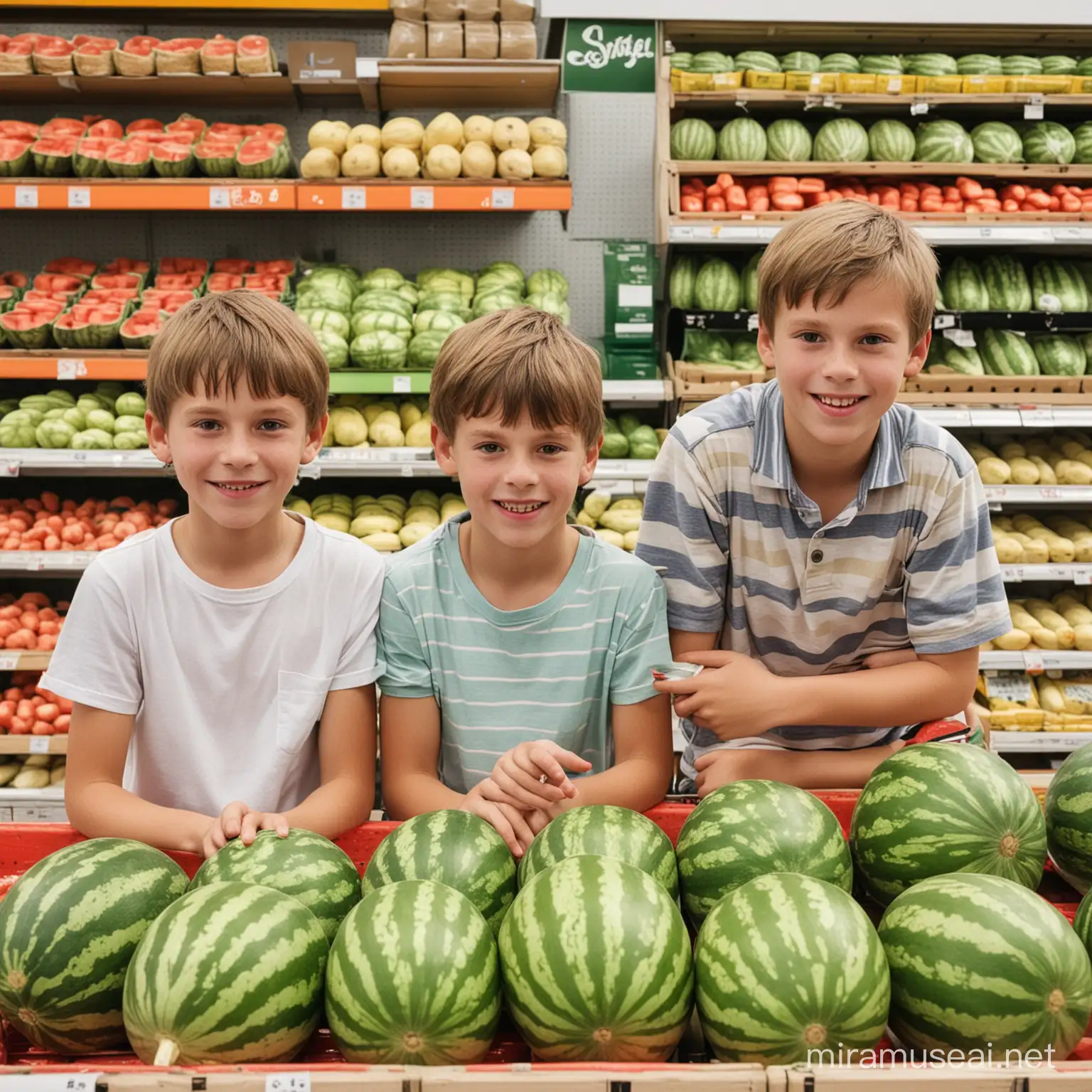 Three Boys Selecting Watermelons at Rewe Supermarket