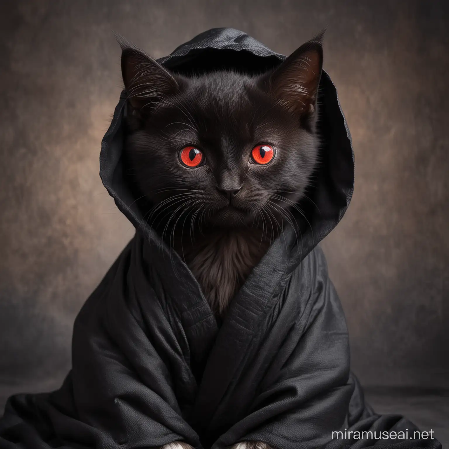 Adorable black kitten in robes woth red eyes
