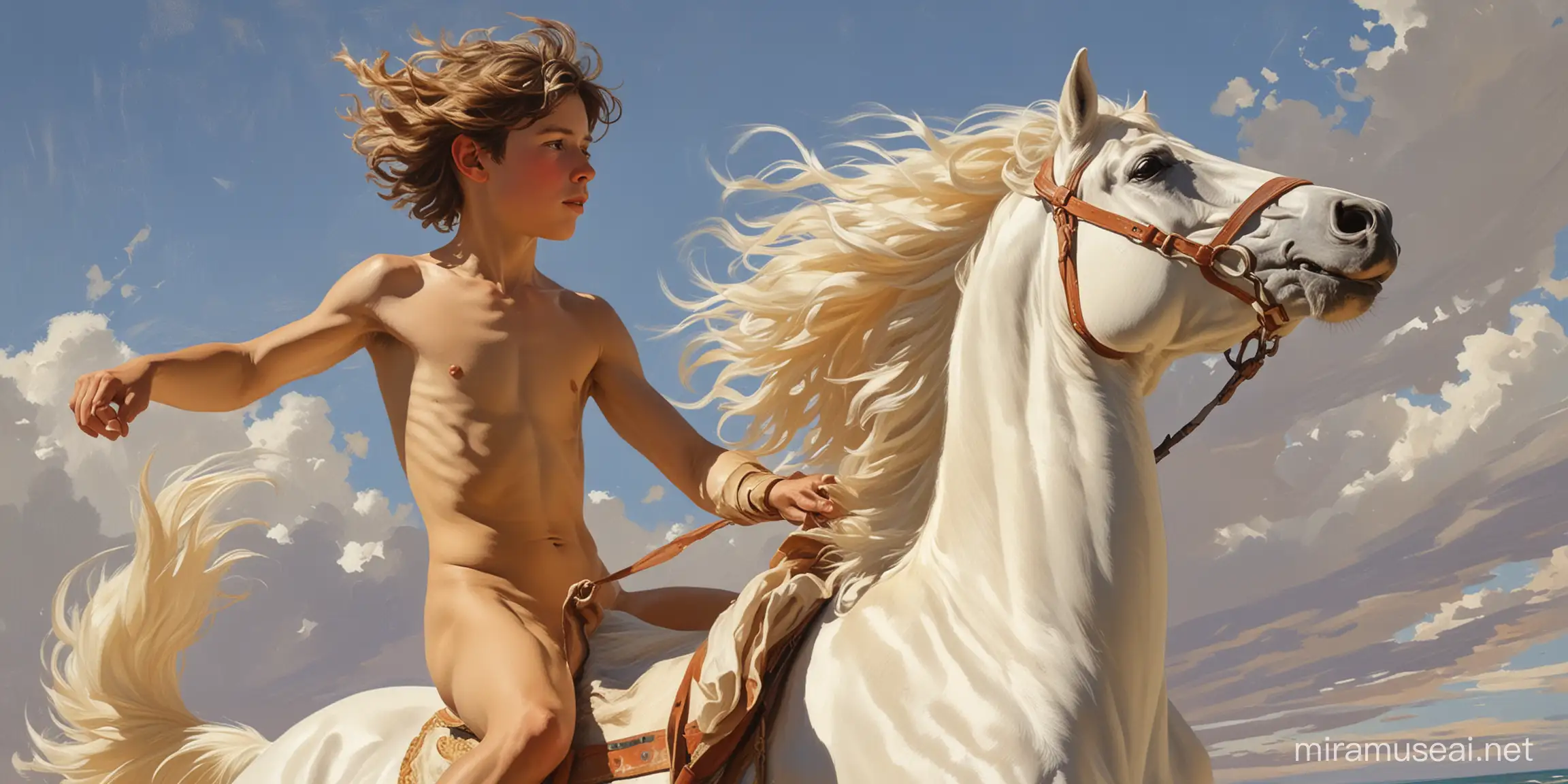 Epic Sorolla Style Painting Nude Boy Riding White Horse with Backlighting