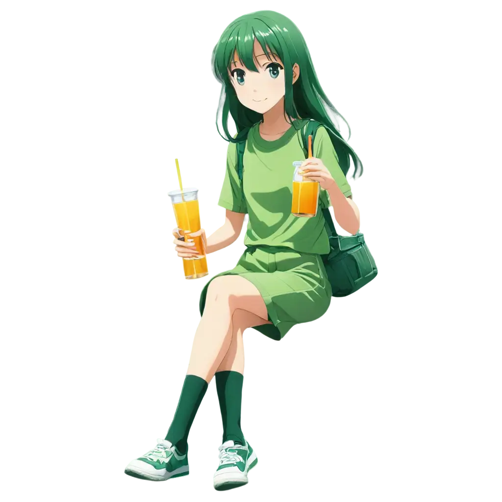 Anime character sitting and drinking juice (green theme) 