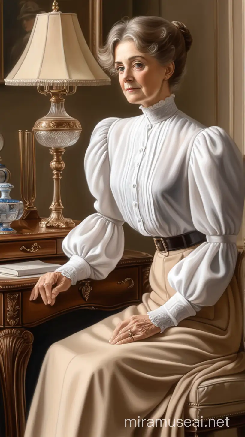 Create an AI drawing of an mature Edwardian lady in her parlour. She wears a white tailored blouse with a high neckline and big gigot sleeves, paired with a long, straight beige skirt. The scene should evoke the tranquility and sophistication of the Edwardian era.