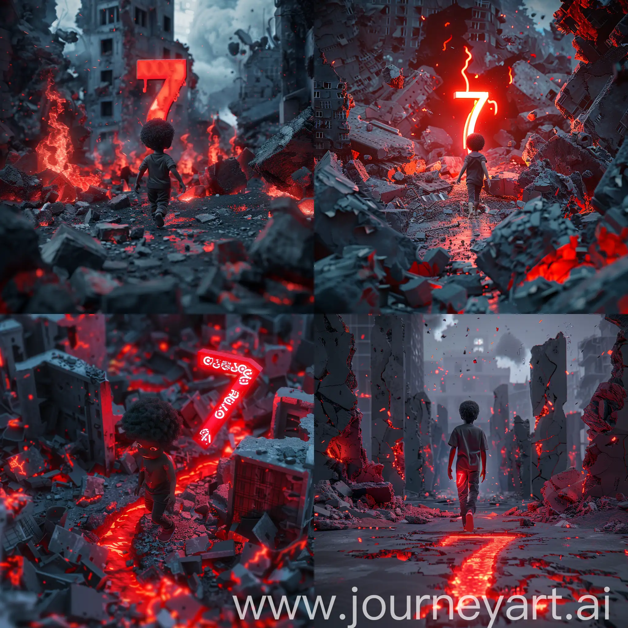 3D realistic image wherby It's the end of the world, buildings have crumbled and there are red flames everywhere and a black kid in tears who seems lost and hopeless is walking towards a glowing red number 7 which will hive him power