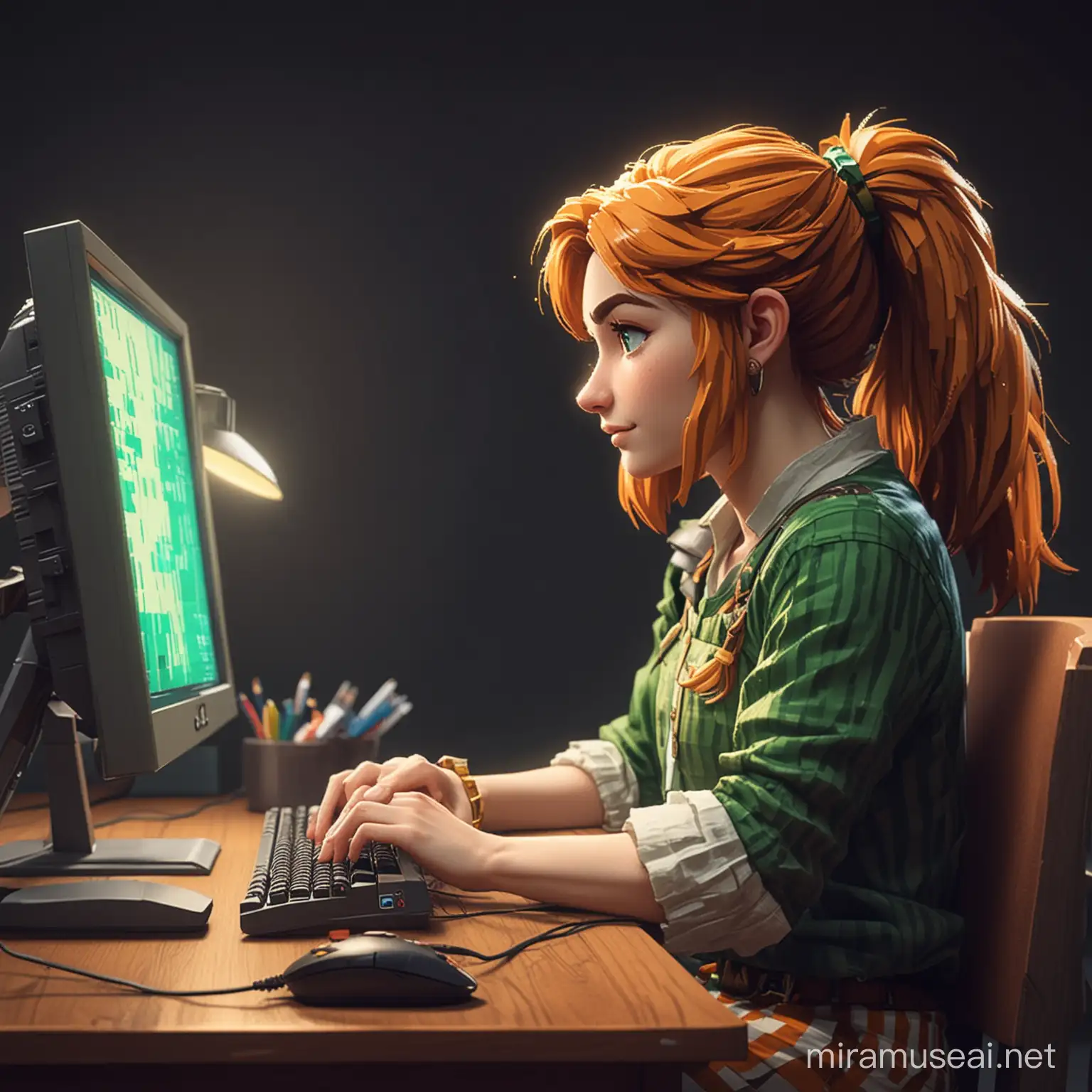 Create a pixel art image of a character seated at a desk, engaged in work on a computer. The character is in a side profile view, showcasing a relaxed posture with one hand on the mouse and the other on the keyboard. They are dressed in casual attire: a striped green and white shirt, orange pants, and they have a light-colored beard. The desk should have a simple design, supporting a blocky, pixel-style computer monitor. The background is dark to highlight the scene, 
, perhaps with the ambient glow of the screen illuminating the character's face." With zelda theme