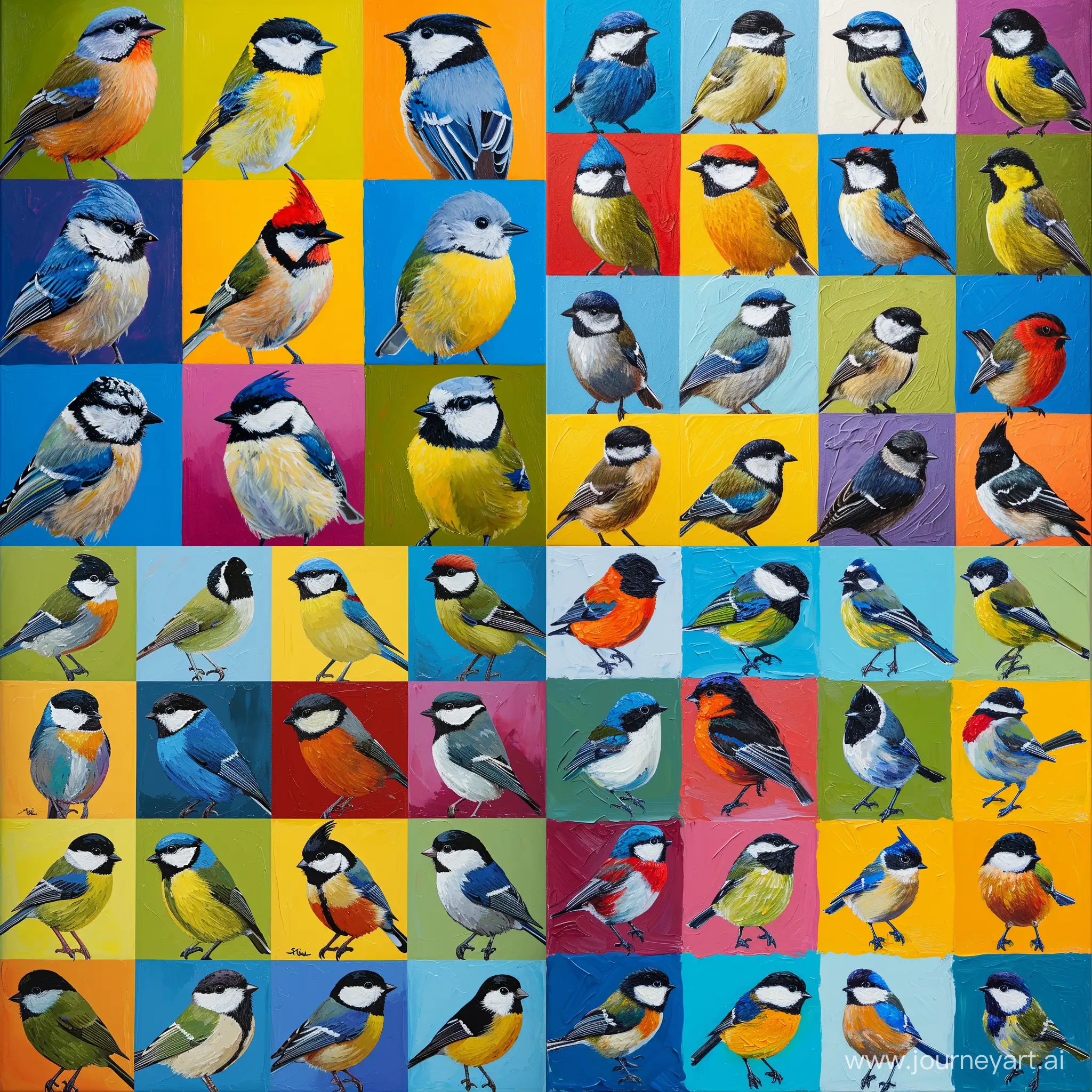 an interior painting in bright colors 20 varieties of tits birds are each depicted in a square with proportions of 4:4 in the form of an interior painting in bright colors.