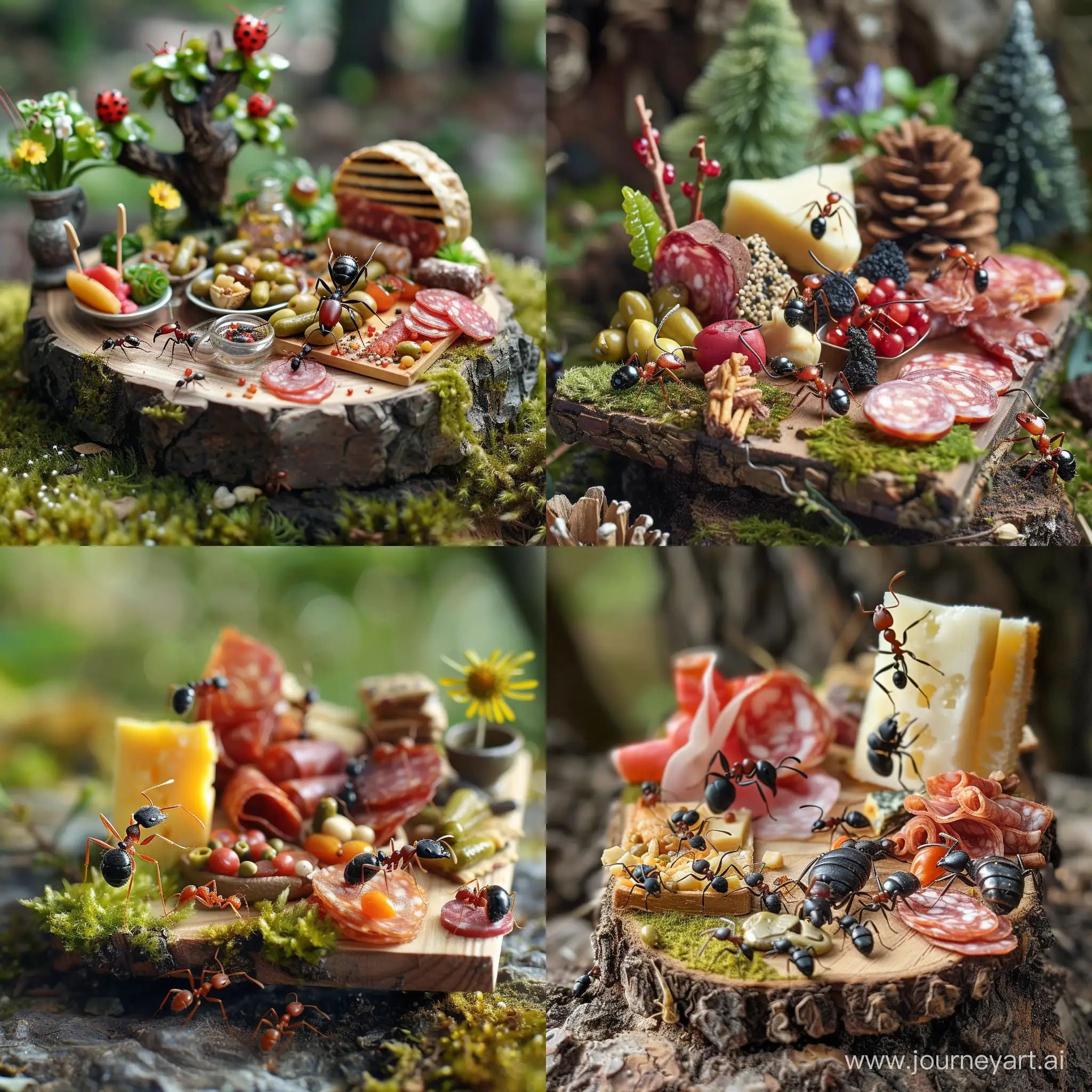 Showcase a miniature charcuterie board set up for a tiny picnic, with ants or other small creatures enjoying the spread.