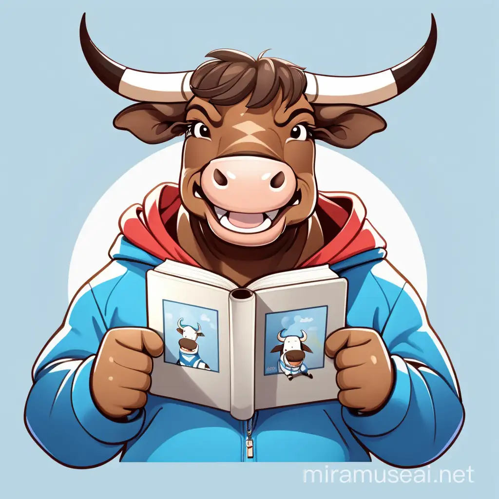 A bull holding a book puting on a blue hoodie and a smile on his face