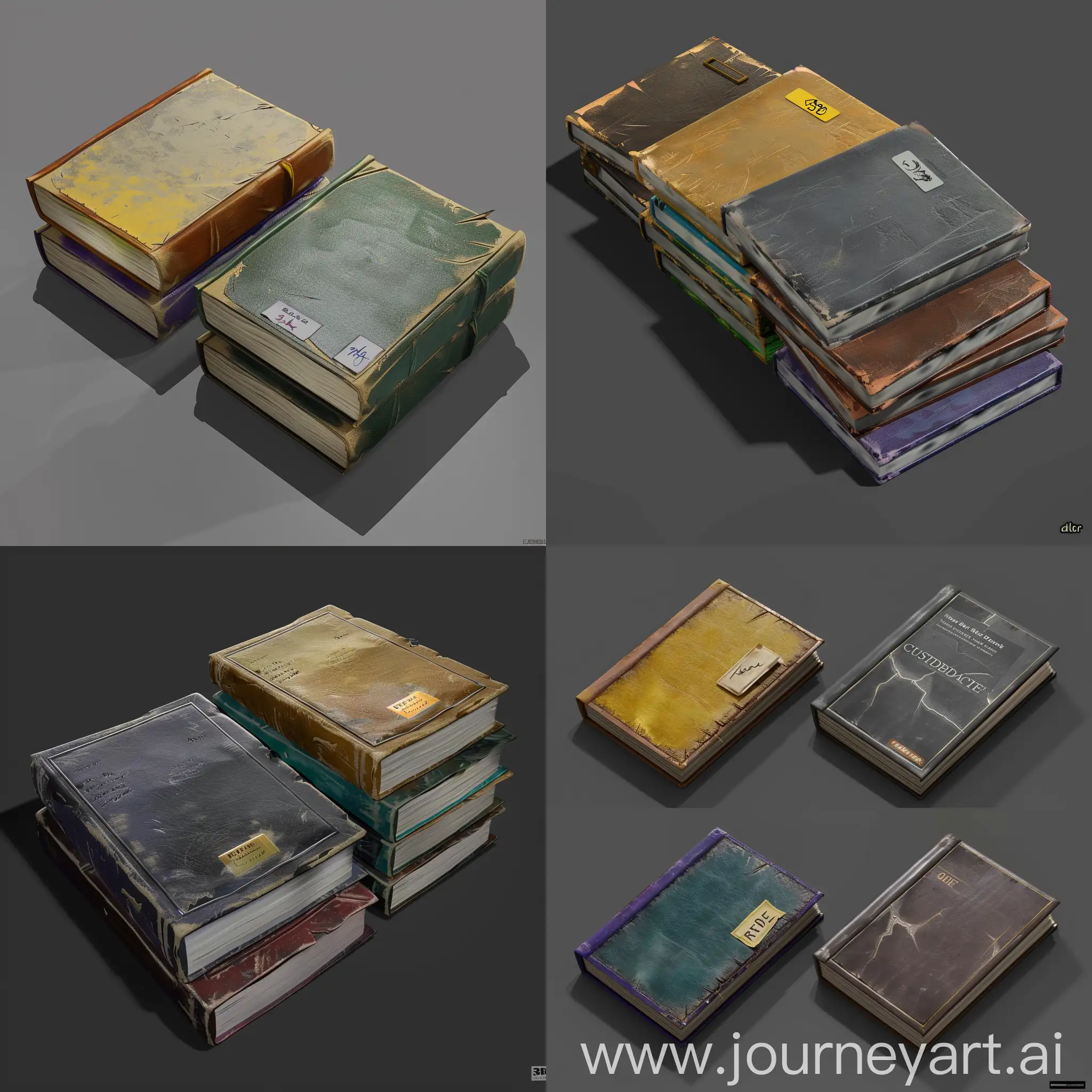 https://imgbly.com/ib/NhVu9noHmK.jpg realistic worn very thin books without text in style of realistic 3d blender game asset, leather cover, realistic style