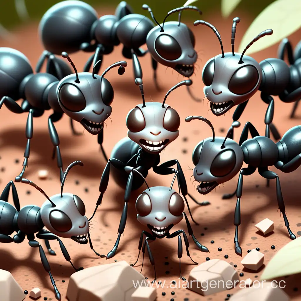 a colony of black ant is lived in harmouniusly and happily environment with happy faces