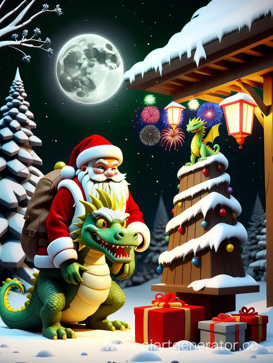 Enchanting-Winter-Scene-Santa-Claus-Gifts-and-a-Green-Dragon-under-Moonlight