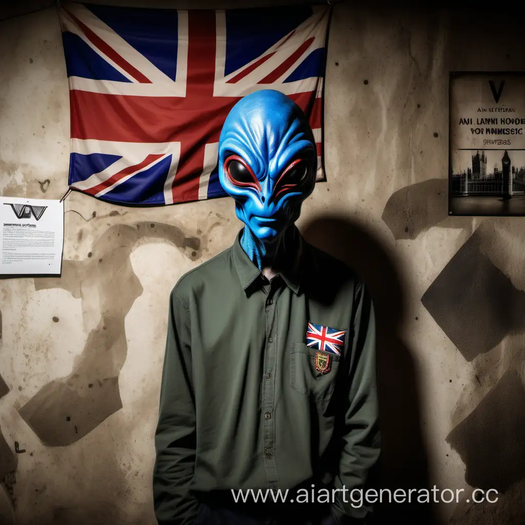 An Subterranean Homesick Alien whit a London Flag and a V of Veneta Mask picture in wall