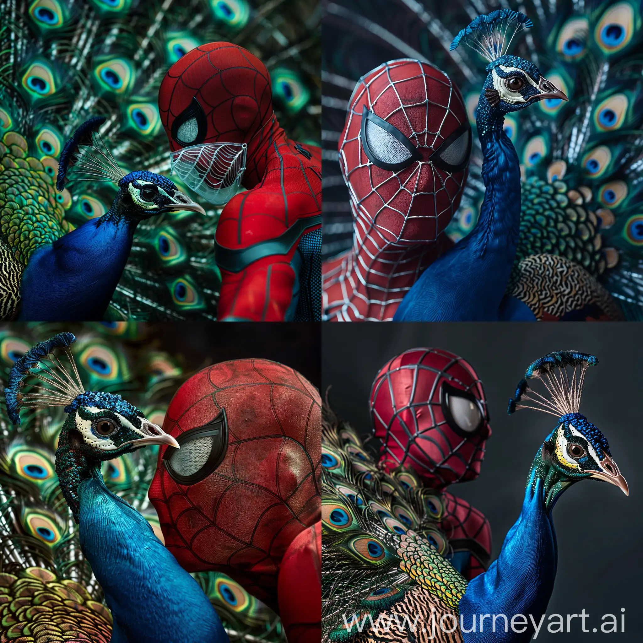 Close-up professional photographs of a hybrid spiderman with a peacock with transparent mask , a photo for a professional magazine, 85-mm-lens -- ar 4:5
