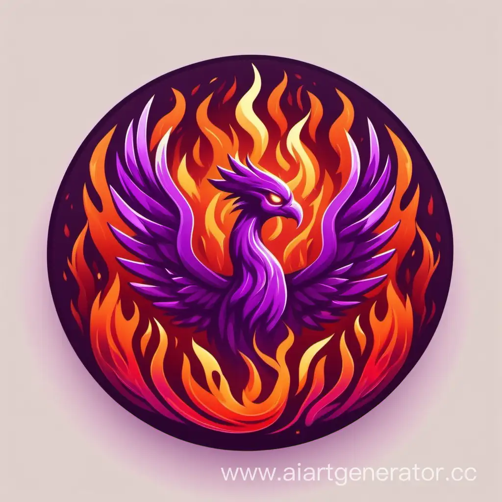 Circle icon with purple and red fire with phoenix