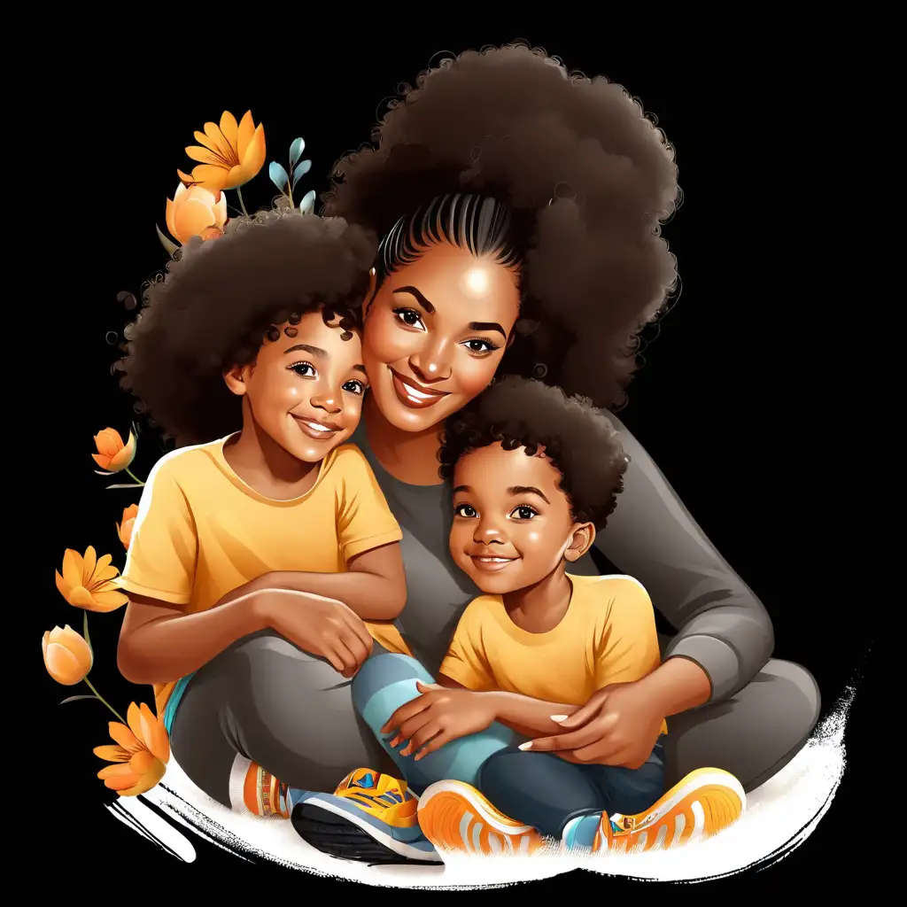 VERY BEAUTIFUL MODERN BLACK MOM WITH KIDS like a ilustration without background

