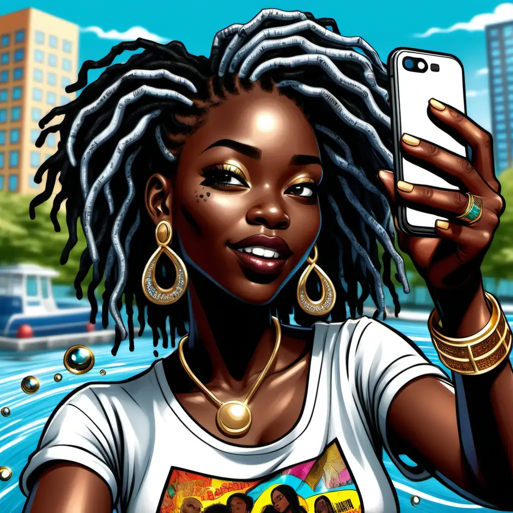 A digital artwork of a woman with dark skin, with gray and black short dreadlocs, taking a selfie with a bling SAMPSUNG smartphone. She’s emerging from the top of smartphone, creating a dynamic splash effect around her as if she’s part of the water. She’s wearing a white t-shirt with the word ‘Perfectly Curved’ emblazoned across the front, denim jeans, small gold earrings, and Afrocentric bangles on her wrists. The artwork has a comic book style with vibrant colors and the background