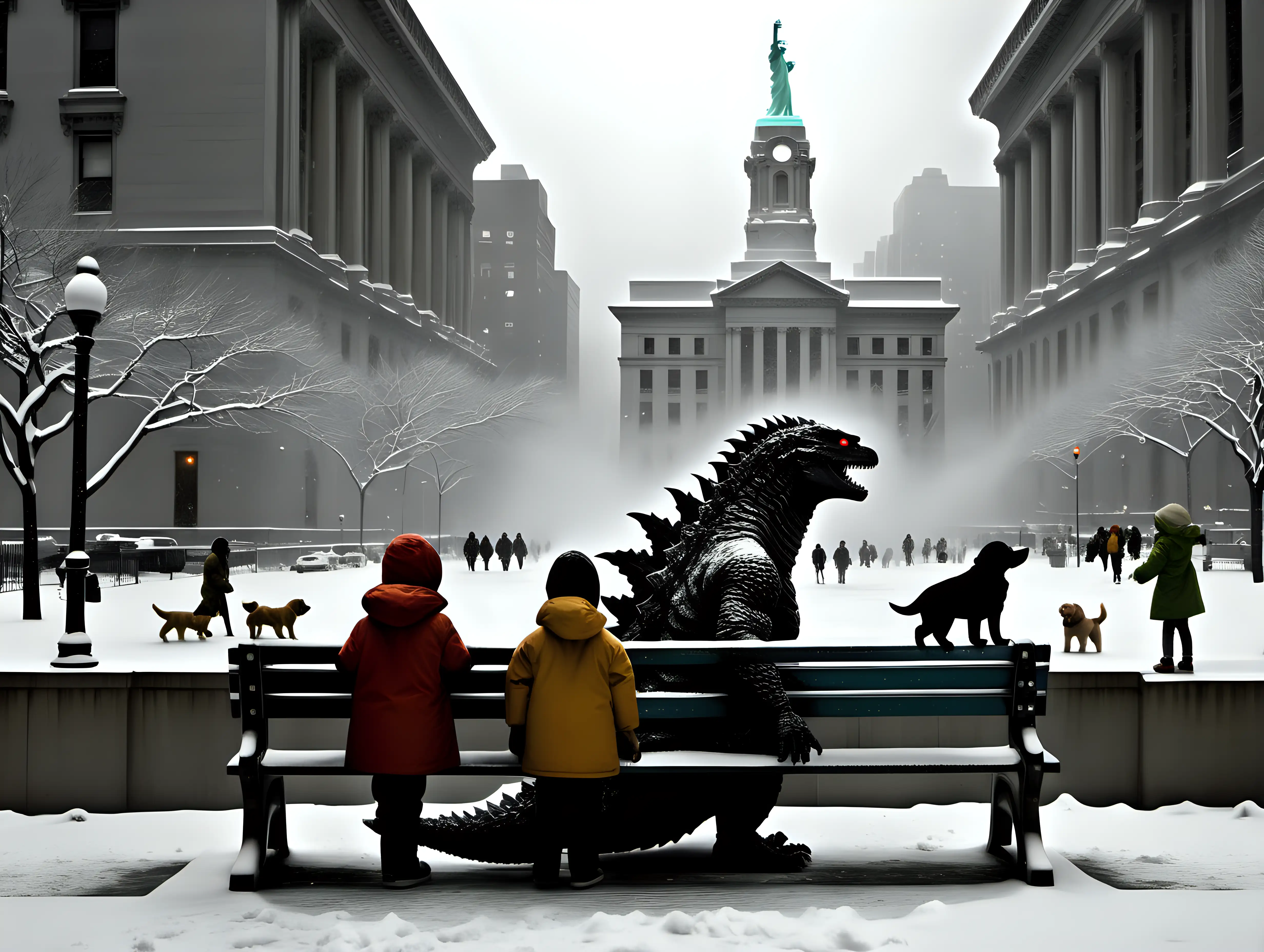 Godzilla behind children on a park bench with a puppy in a snow storm in front of the NYC library Edward Hopper style