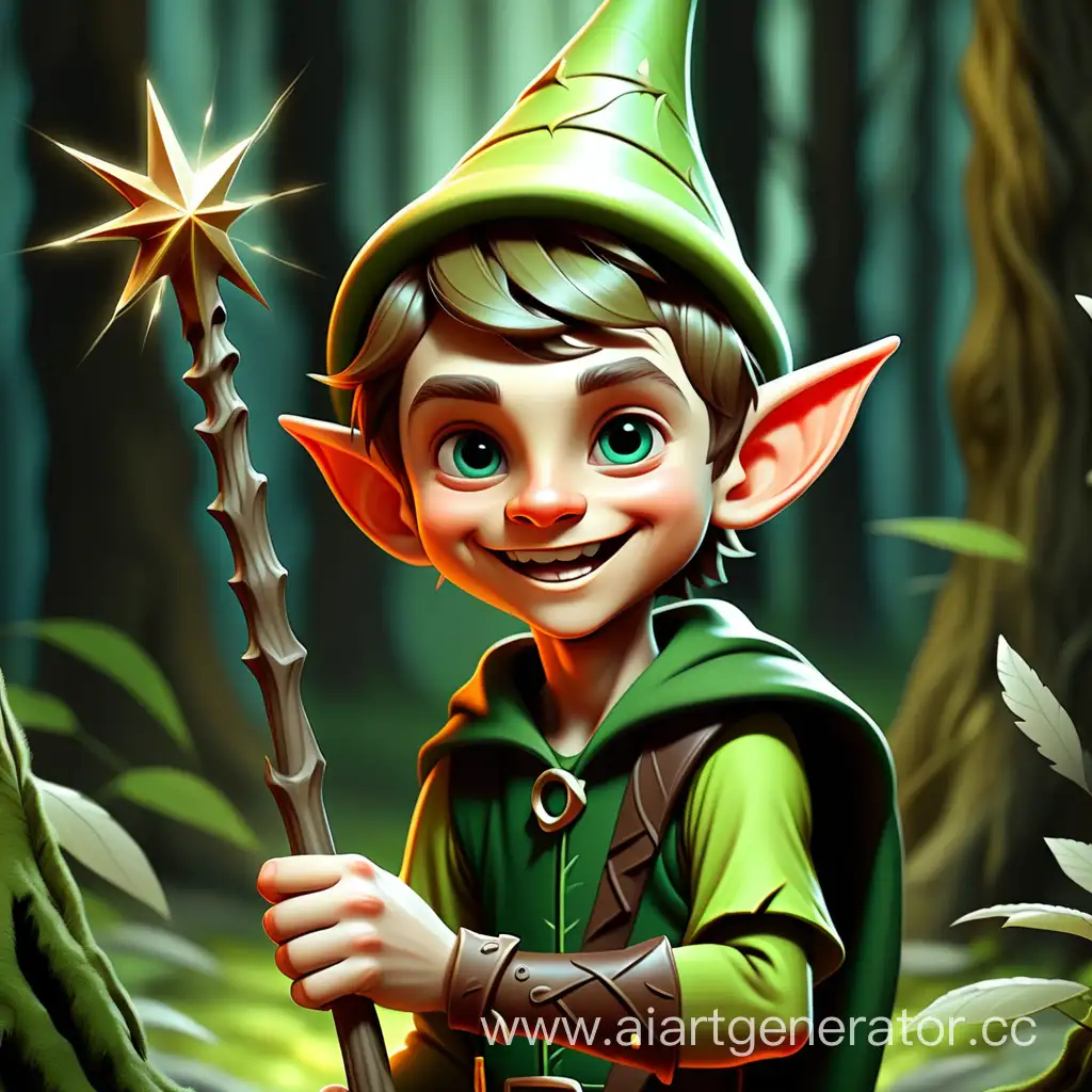 веселый эльф мальчик, хранитель леса с жезлом 
