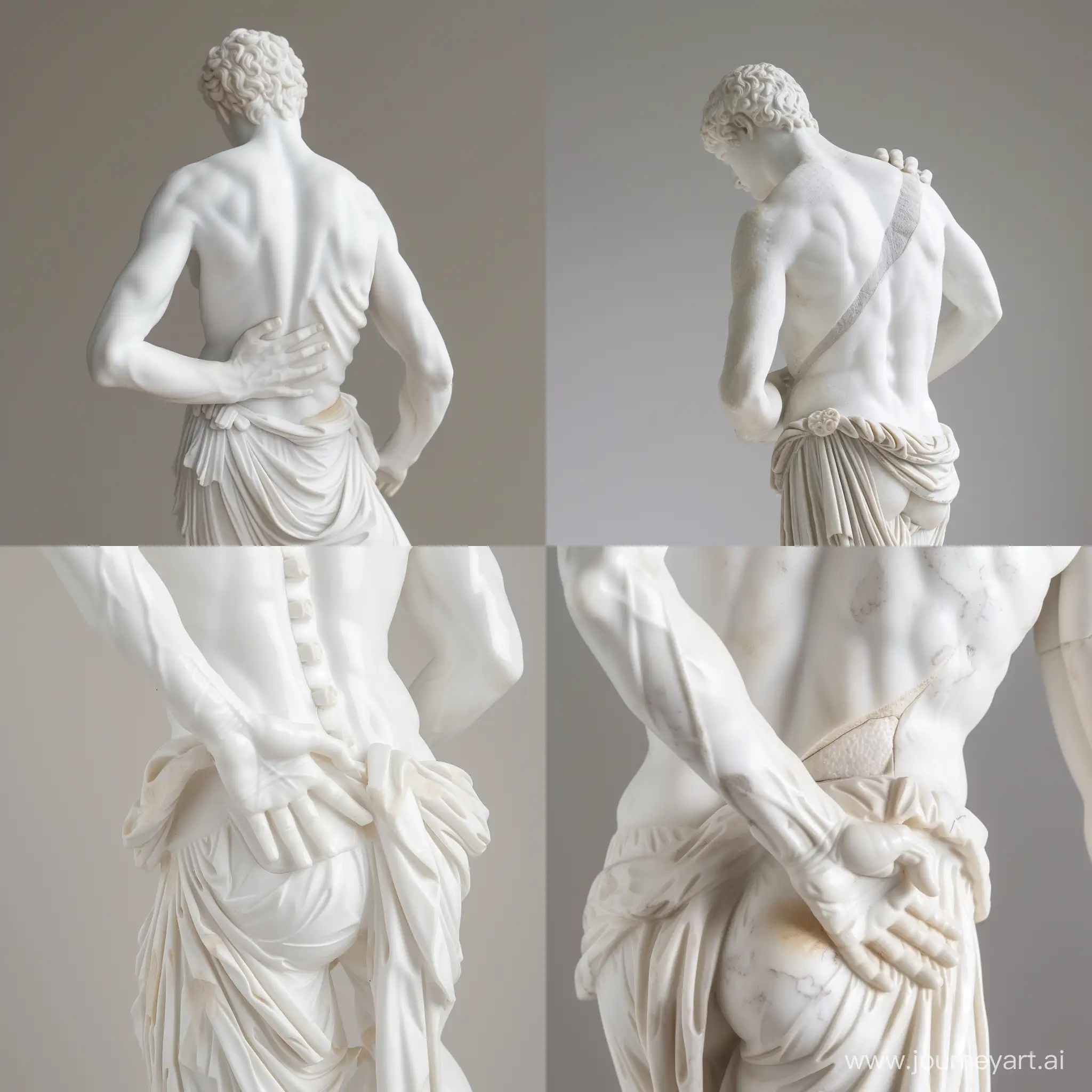 white Greek sculpture with back pain, holding his hand on the lower back