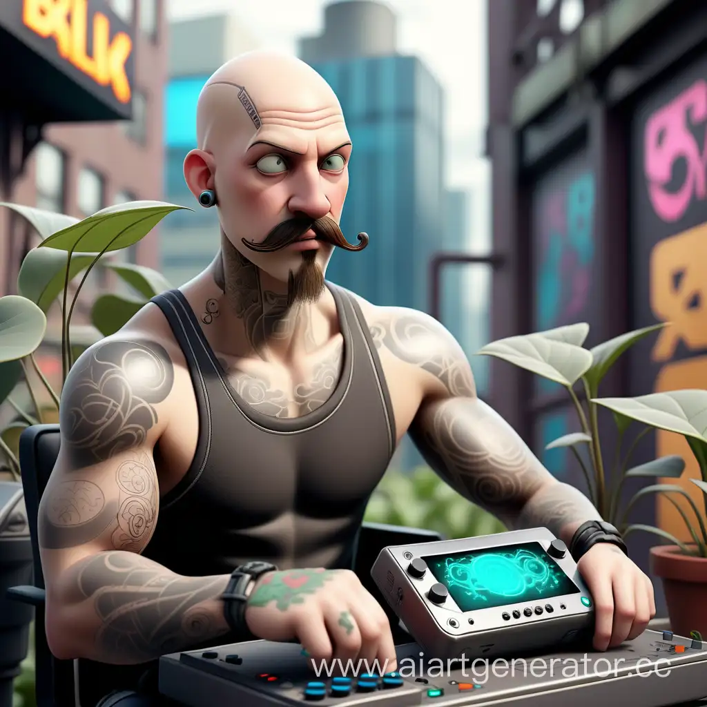 Tattooed-Gamer-with-Steam-Deck-Console-in-Cyberpunk-Cityscape