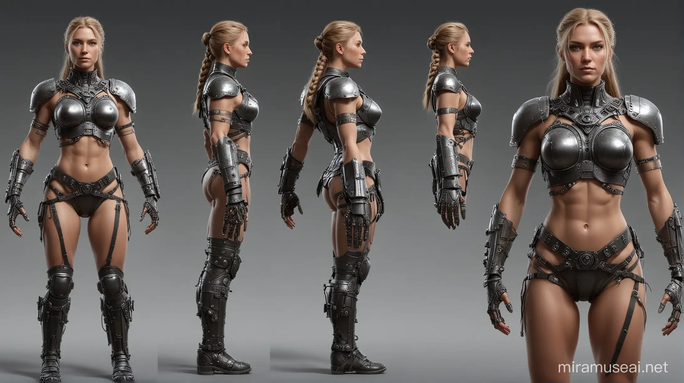 A illustration, for a character reference sheet, of an female cyborg Viking, base on Sara Skjoldnes and Monica Hansen, with a body made of steel, coal powered, wearing Viking armor, machine parts, wires intricate, full body, turn around, front view, side view, back view, head-to-toe, standing poses, body in frame, hard, delicate, brutal, tough, stiff, crude, octane render, highly detailed, volumetric, dramatic lighting, insanity detailed hands, biomechanical android, anatomy illustration, Science fiction background, flawless face, perfect face, highly detail face, flawless eyes, perfect eyes