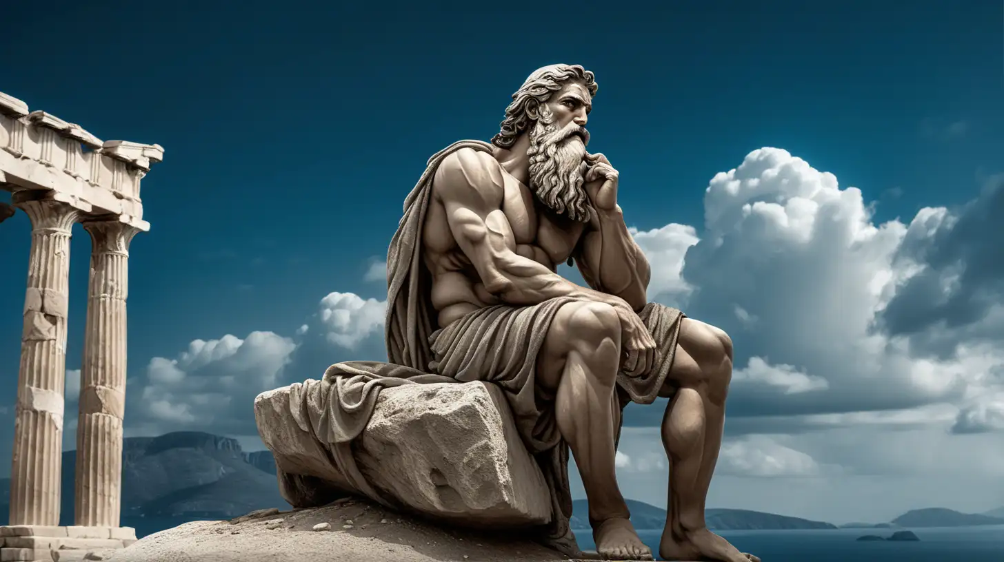 Create an evocative scene featuring a weathered Greek  muscles man, a long beard on his face, sitting solemnly on a rock. The background should be adorned with darkish blue clouds, evoking a sense of ancient mystique. Surround the figure with historic Greek buildings, adding an element of timeless melancholy to the overall composition.