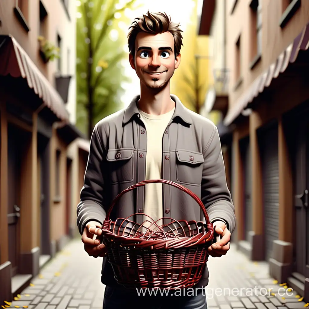 The guy is holding an empty basket in his hands