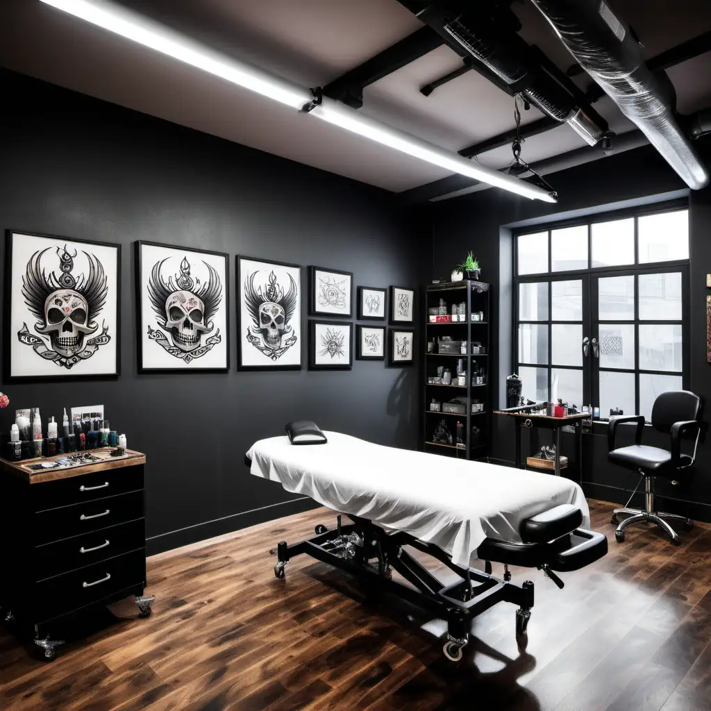 Modern Tattoo Studio Interior with Central Tattoo Bed