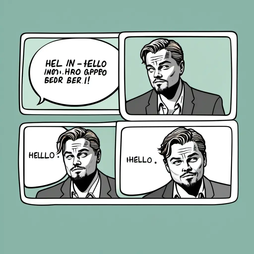 cartoon strip with text bubble:: Leonardo DiCaprio::Hello in text bubble