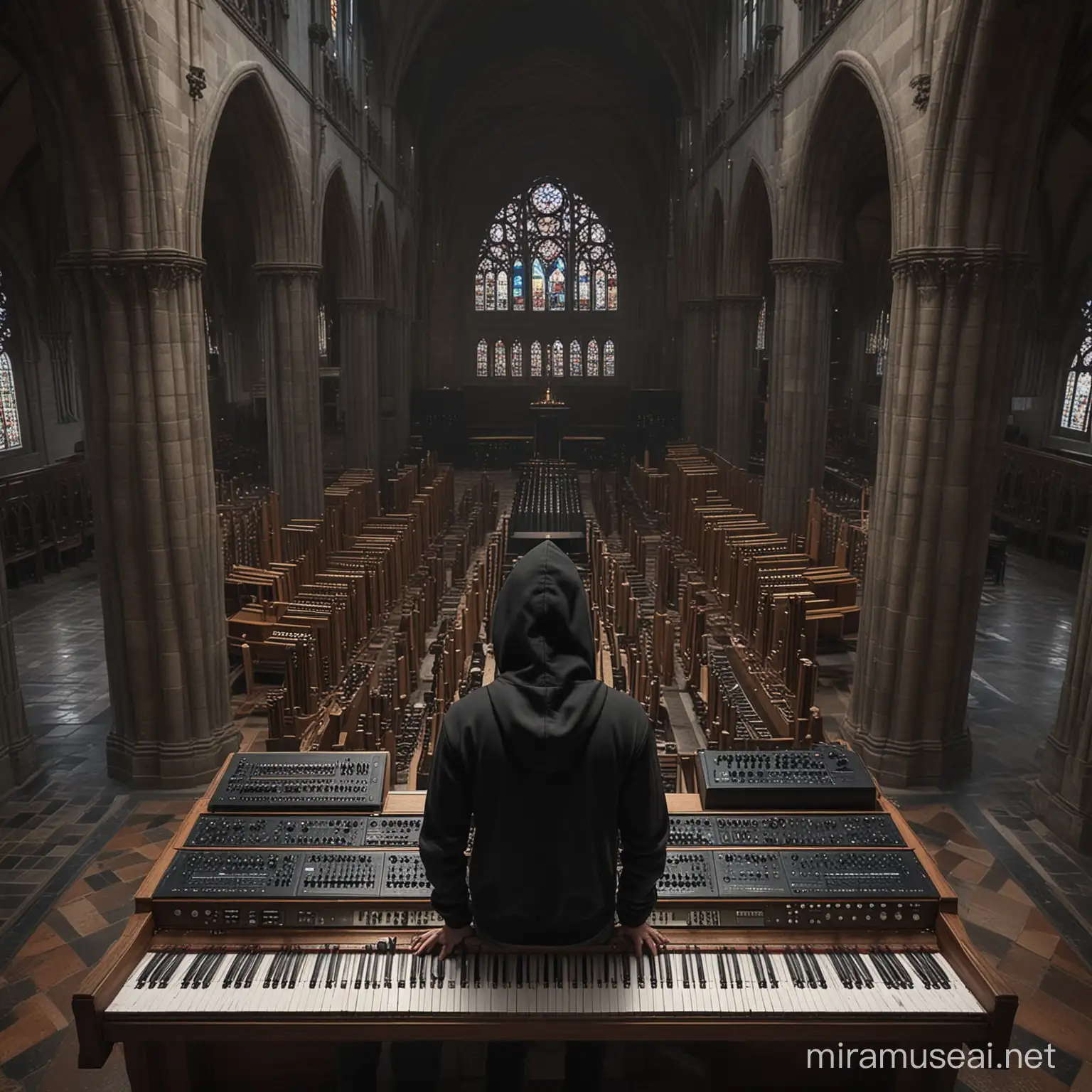 create a scene of a man alone  with a hoodie standing in the middle of a gothic church surrounded by 3 synthesisers and one piano. He is playing one of the synthesisers. We view the man from above from at least 50 meters. High quality with many details.