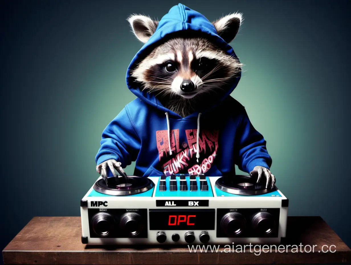 ein wütender hip-hop Waschbär mit Hoodie auf dem "Al Funky" steht und einer MPC Groovebox