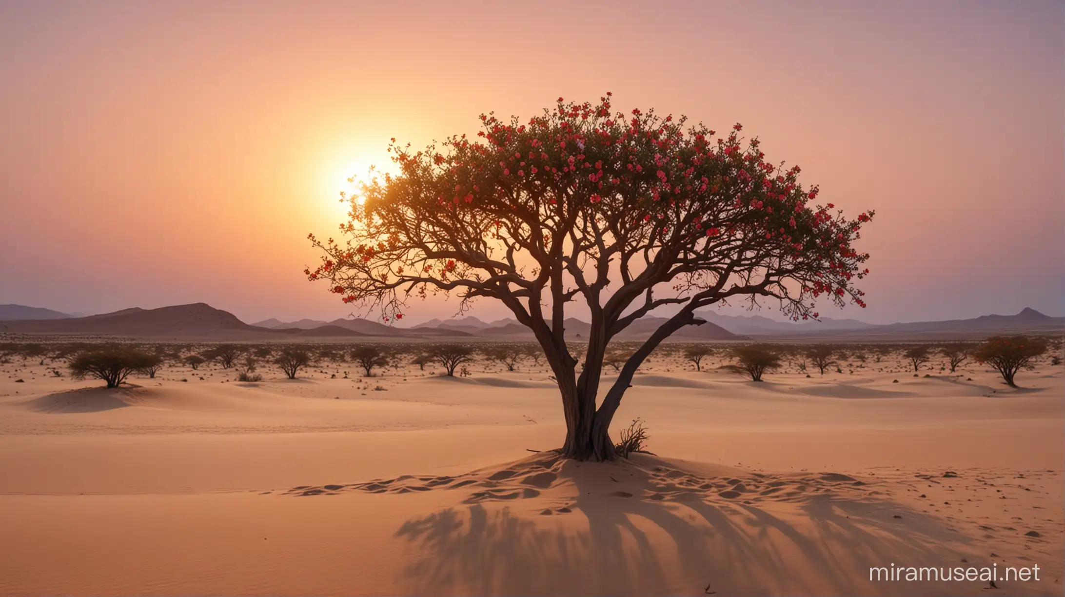 Flowering tree in the Namibian desert surrounded by sand dunes. Enchanting sunset behind the tree. Image in 8K quality