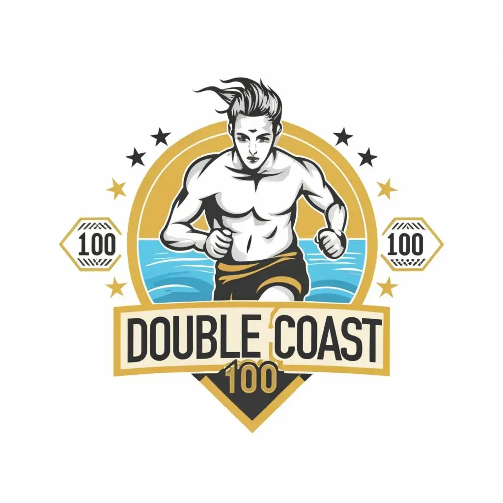 logo, marathon runner who looks like a warrior and beach theme, with the text "Double coast 100", typography, be used in Sports Fitness industry