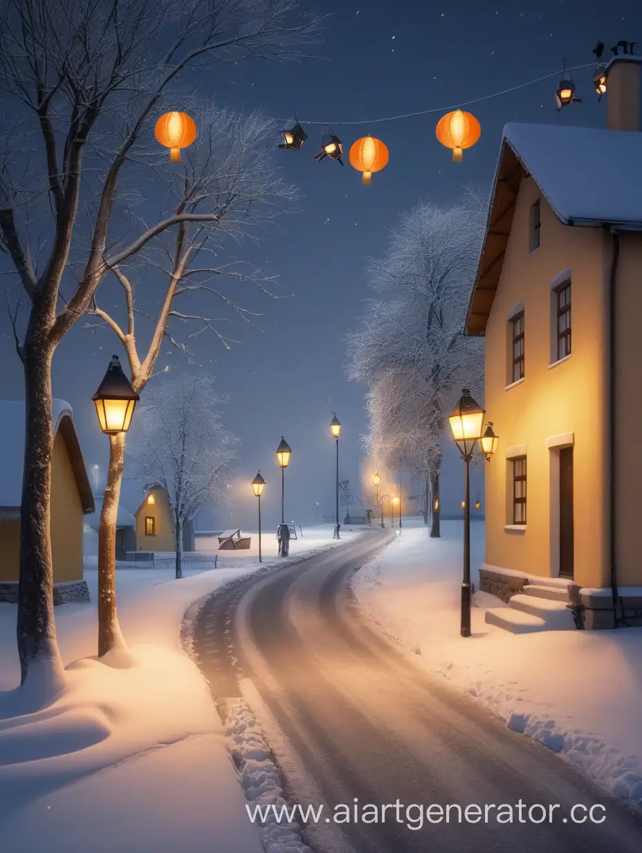 зимний вечер в деревне с фонарями вдоль дороги