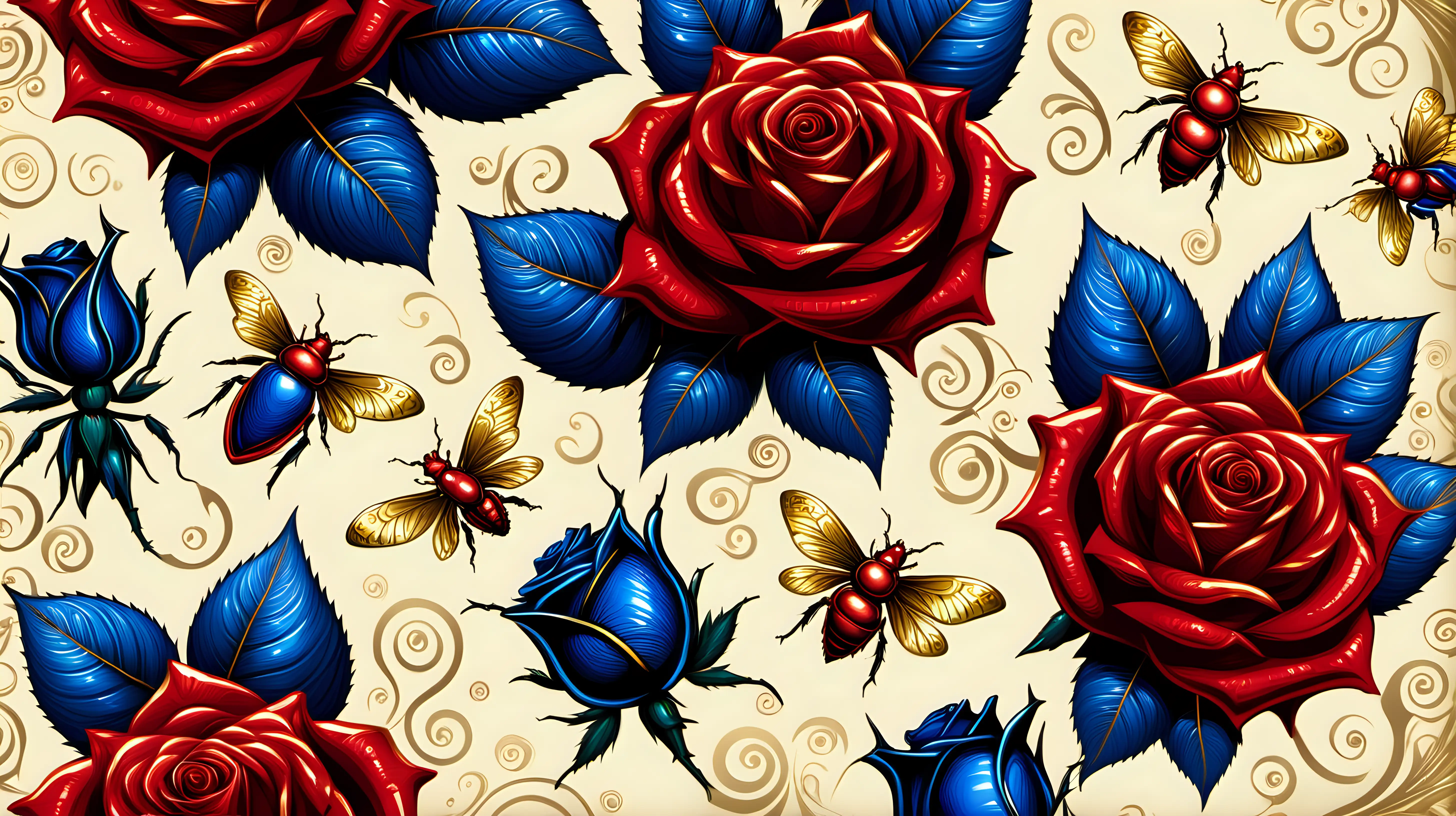 PATTERN OF GOLD AND BUG, RED, BLUE  ROSES