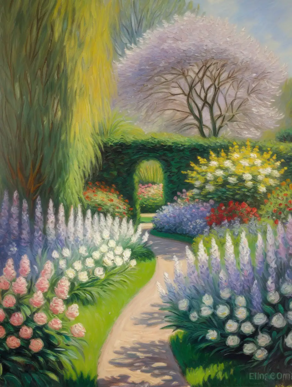 Monet, oil painting with fine details, European garden, spring, depth of field, --ar 3:4 --s 100 --q 2