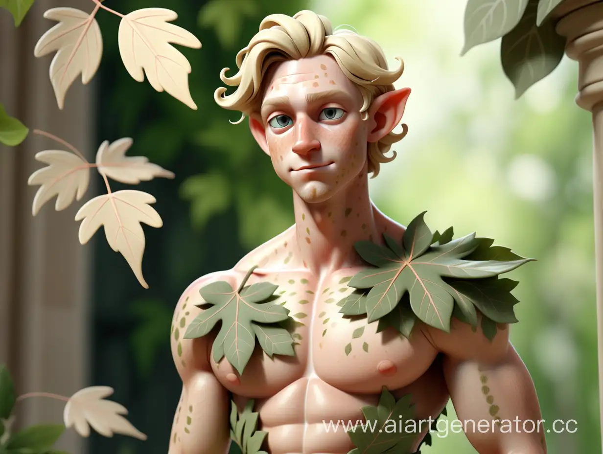 Blonde-Male-Satyr-in-Intricate-Leaf-Dress-Portrait-with-Soft-Tones-and-Detailed-Background